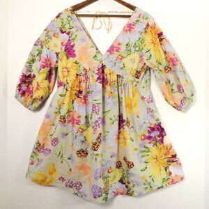 H&M Mini Summer Dress Womens Medium Floral Puff Sleeve Babydoll Cottagecore Boho
